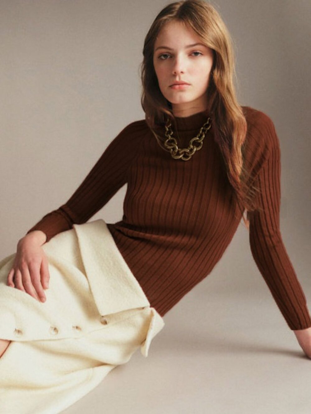 New Sezane Charly Wool Cotton Ribbed Mock Neck Sweater Chocolate Brown XS